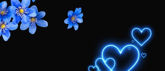 blue hearts and flowers on black background