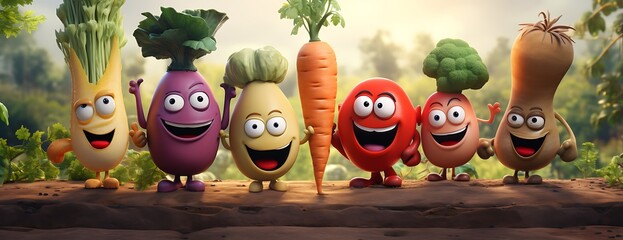 Funny vegetable group in the field. 3d render illustration.