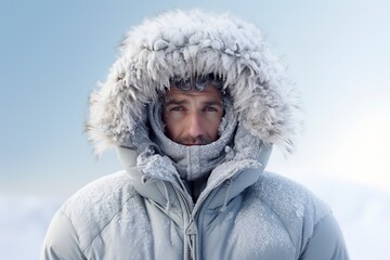 young man dressed in a hood and parka to protect himself from the intense cold