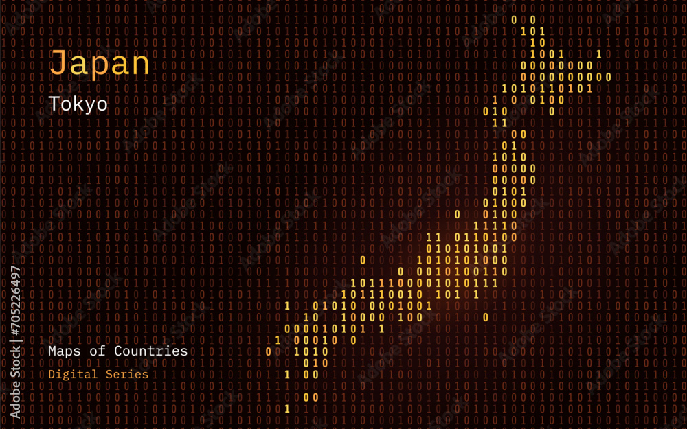 Wall mural Japan Map Shown in Binary Code Pattern. TSMC. Blue Matrix numbers, zero, one. World Countries Vector Maps. Digital Series