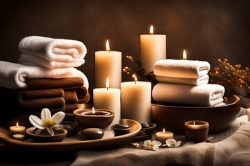 Fototapeta na wymiar The essence of relaxation comes to life in a spa-themed image, showcasing neatly folded towels, ambient candles, and a warm brown background, all beautifully rendered in high definition