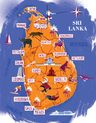 Poster of Sri Lanka with state names. Island cartoon travel map vector illustration of geographic themes with landmarks, cities, roadmap, animals. Hand-drawn infographic concept with country navigator