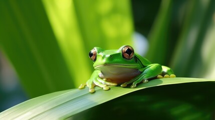 Green tree frog on a green leaf in the rainforest
