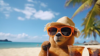 Cute bear in hat and sunglasses in the beach, summer vacation concept