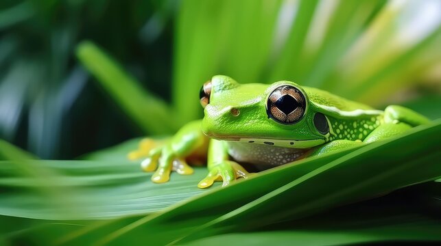 Green tree frog on a green leaf in the rainforest