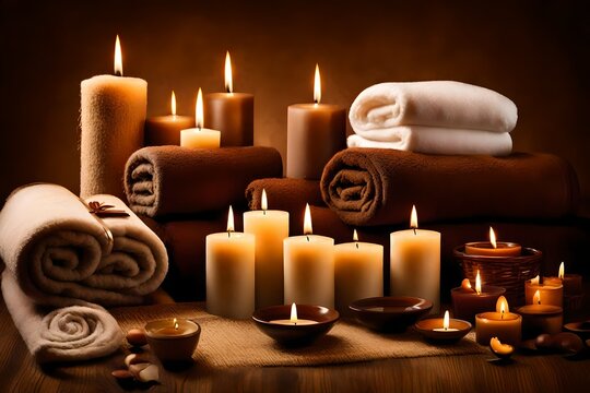 The essence of relaxation comes to life in a spa-themed image, showcasing neatly folded towels, ambient candles, and a warm brown background, all beautifully rendered in high definition