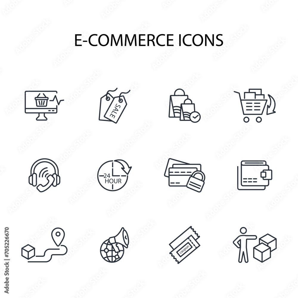 Poster e-commerce icon set.vector.editable stroke.linear style sign for use web design,logo.symbol illustra