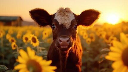 Cute calf in sunflower field at sunset. Selective focus
