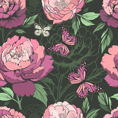Floral pattern. Peonies seamless pattern with butterflies. Dark rich background. 90s style. hand drawing. Not AI, Vector illustration