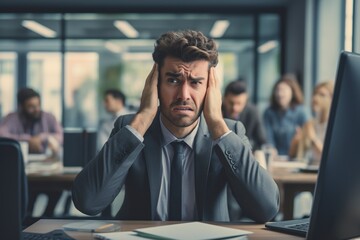 man sitting on the desk in his office with an angry expression - obrazy, fototapety, plakaty