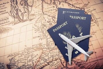 tourism travel, plane model, passport and retro map