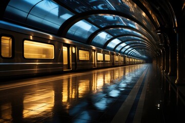 Illuminated subway covers dark underground tunnel., generative IA - obrazy, fototapety, plakaty