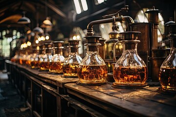Alchemical Dance: Ingredients merge in distillery, exuding fruity and woody notes., generative IA