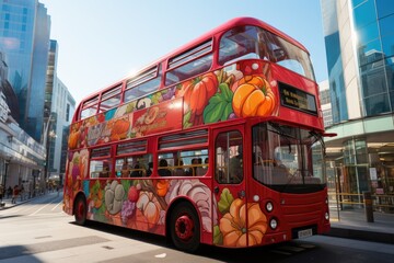 Two -storey red bus carries animated passengers around the city., generative IA