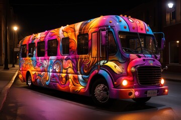 Colorful band bus travels between cities with musicians practicing., generative IA