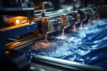 Industrial machines apply waterproofing in textile line., generative IA