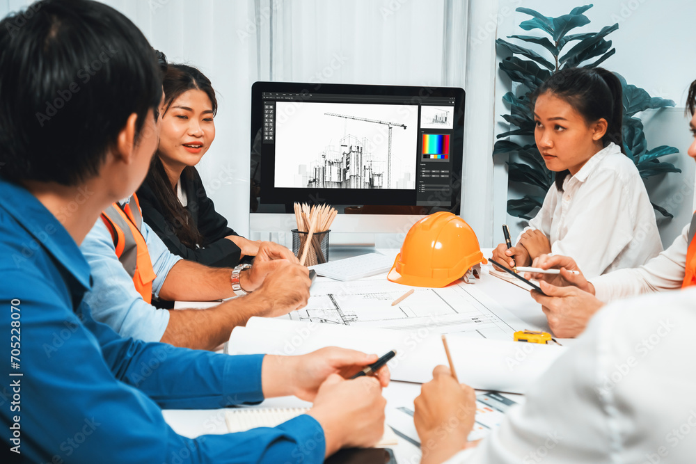 Poster diverse group of civil engineer and client working together on architectural project, reviewing cons