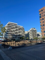 Modern Apartment Flats along Canal in Aarhus Denmark. Residential building Isbjerget. View of...
