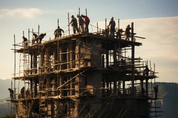 Workers install scaffolding at industrial heights., generative IA