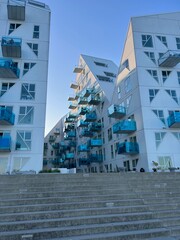 Modern Apartment Flats along Canal in Aarhus Denmark. Residential building Isbjerget. View of...