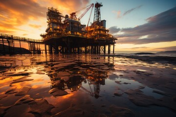 Offshore platforms pierce wells on golden sea., generative IA