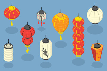 3D Isometric Flat Vector Set of Japanese Or Chinese Lanterns, Asian Holiday Elements