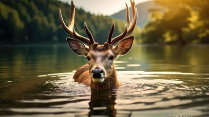 Close up of a deer stag with antlers swimming in the lake