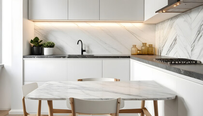 Fototapeta na wymiar White and marble kitchen corner with table