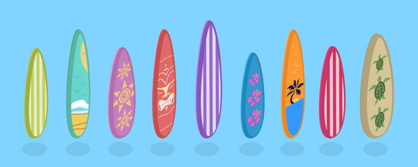 3D Isometric Flat Vector Set of Surfboards, Extreme Activity Equipment