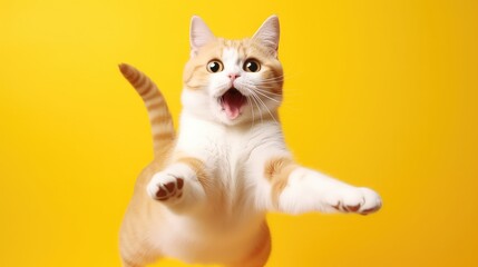 Funny cute cat is jumping on a yellow background