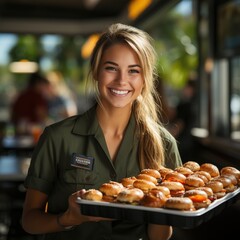 Cheerful waitress holding a tray of burgers