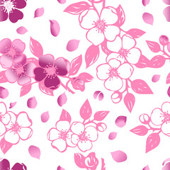 sakura pink seamless pattern. Red Pink White Sakura Japanese Cherry Blossoms. hand drawing. Not AI. Vector illustration