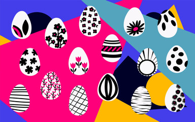 Happy Easter  eggs set. Graphic modern vector illustration.  Abstract hand drawn lines and dot polka texture isolated on colorfull modern background.