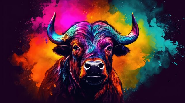 Bull head on colorful grunge background. Digital painting.