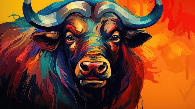 Bull head on colorful background. Vector illustration of bull head with horns.
