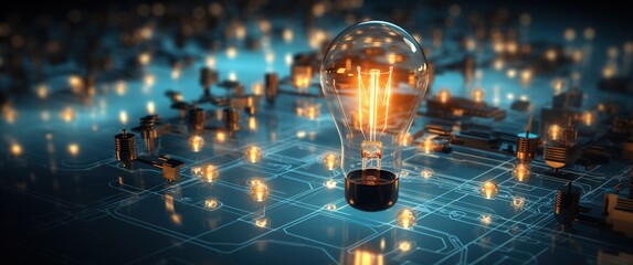 Light bulb on a circuit board with many other light bulbs in the background - obrazy, fototapety, plakaty