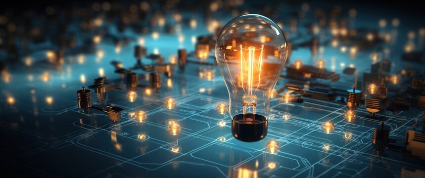 Light bulb on a circuit board with many other light bulbs in the background
