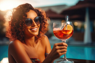 Tropical Oasis: Woman Unwinding with a Poolside Cocktail