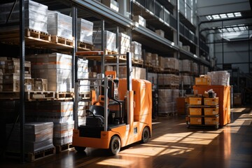 Modern Warehouse: High shelves, motion forklifts., generative IA