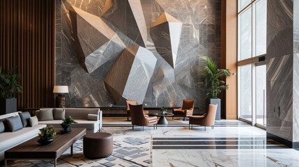 Intricate geometric shapes interplaying with minimalist furniture in a hotel lobby, creating a visually stunning and sophisticated atmosphere.