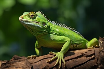 Obraz premium illustration of a huge green lizard on the trunk of a tree