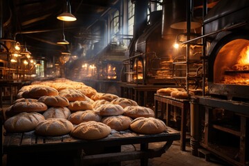 Industrial bakery: ovens baking breads and varied cakes., generative IA