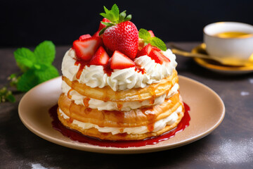 Obraz na płótnie Canvas Golden Layers of Whimsical Strawberry Shortcake