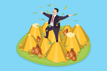 3D Isometric Flat Vector Illustration of Rich Man, Billionaire is Saving and Multiplying his Money
