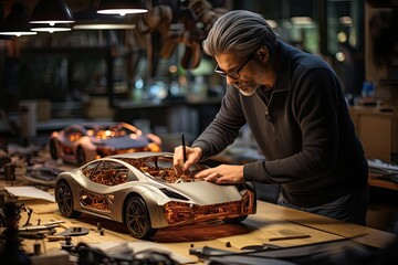 Engineers sculpting elegant car prototypes in automotive studio., generative IA - obrazy, fototapety, plakaty