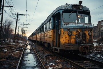 Obraz premium Aligned trains, waiting, maneuvering courtyard., generative IA