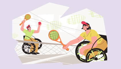 Wheelchair tennis tournament or club banner design. Banner poster designs for wheelchair tennis events and promotions, flat vector illustration.