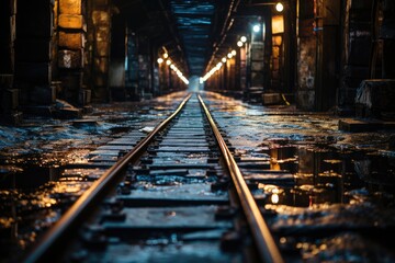Fototapeta na wymiar Light train emerges in a dark rail tunnel., generative IA