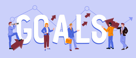 Achieving success in business and career, setting goals, creating a clear direction of development. Business targets, plan for success, career goals banner, vector illustration isolated.