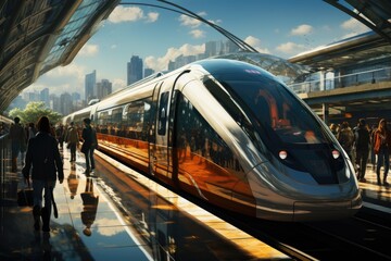 Passengers wait, silver train shines., generative IA